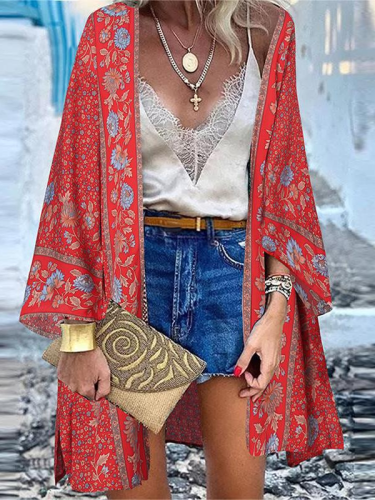 Women's Open Summer Beach Cover Casual Vintage Print Doll Sleeve Cardigan