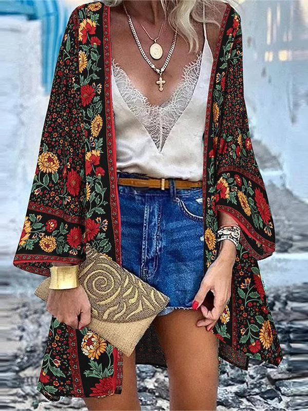 Women's Open Summer Beach Cover Casual Vintage Print Doll Sleeve Cardigan