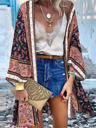 Women's Open Summer Beach Cover Casual Vintage Floral Print Doll Sleeve Cardigan