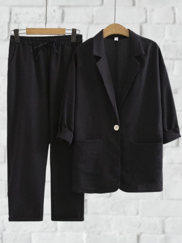 Women's 2Piece Set Cotton Linen Blazer and Loose Pant