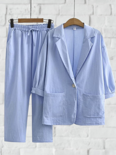 Women's 2Piece Set Cotton Linen Blazer and Loose Pant