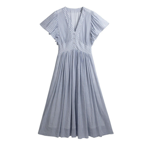 Women's Cotton and Linen Dress Striped Print V-Neck Flare Sleeve France Style Dress