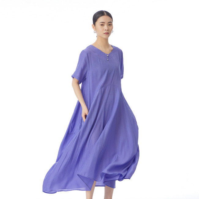 Women's Summer Dress Casual Loose Crew Neck Solid Color Maxi Dress One Size