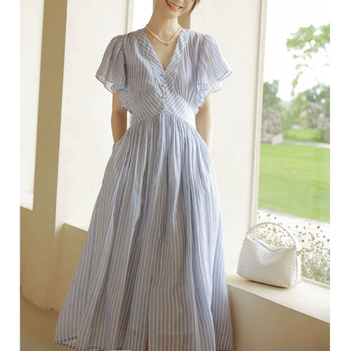 Women's Cotton and Linen Dress Striped Print V-Neck Flare Sleeve France Style Dress