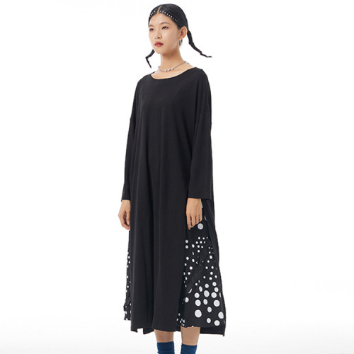 Women's Designer Dress Casual Loose Crew Neck Black Dress Split Dot Print Dresses