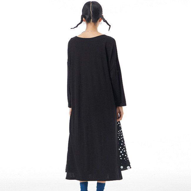 Women's Designer Dress Casual Loose Crew Neck Black Dress Split Dot Print Dresses