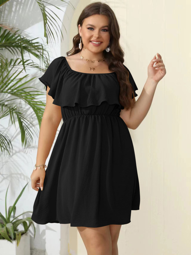 Women's Plus Size Dress Summer Holiday off Shoulder Solid Color Mini Dress L-5XL