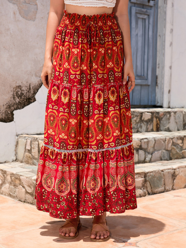 Women's Boho Skirts Red Paisley Retro Floral Print Big Swing Long Bohemian Skirt