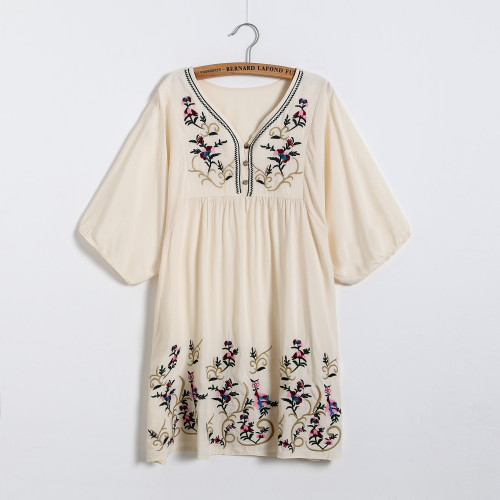 Women's Vintage Tribal Embroidery Floral Dress V-Neck Retro Summer Vacation Boho Dress