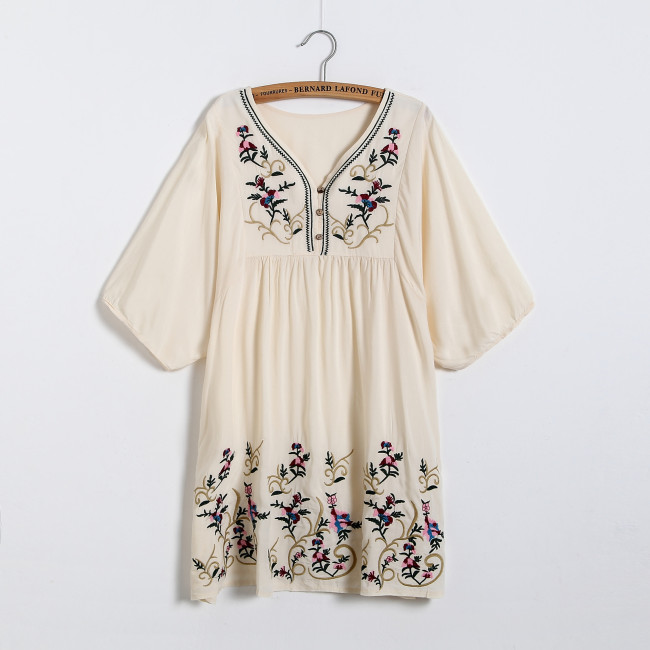Women's Vintage Tribal Embroidery Floral Dress V-Neck Retro Summer Vacation Boho Dress