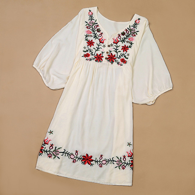Women's Tribal Embroidery Dress Floral V-Neck Retro Summer Dress