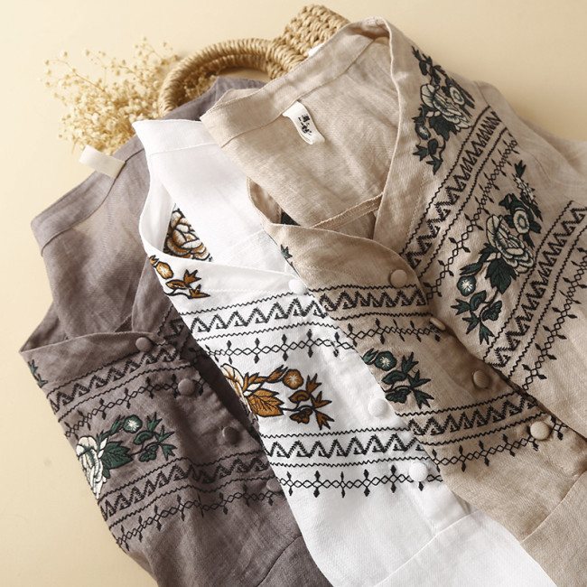 Women's Cotton Linen Dress Tribal Embroidery Floral V-Neck Linen Dress