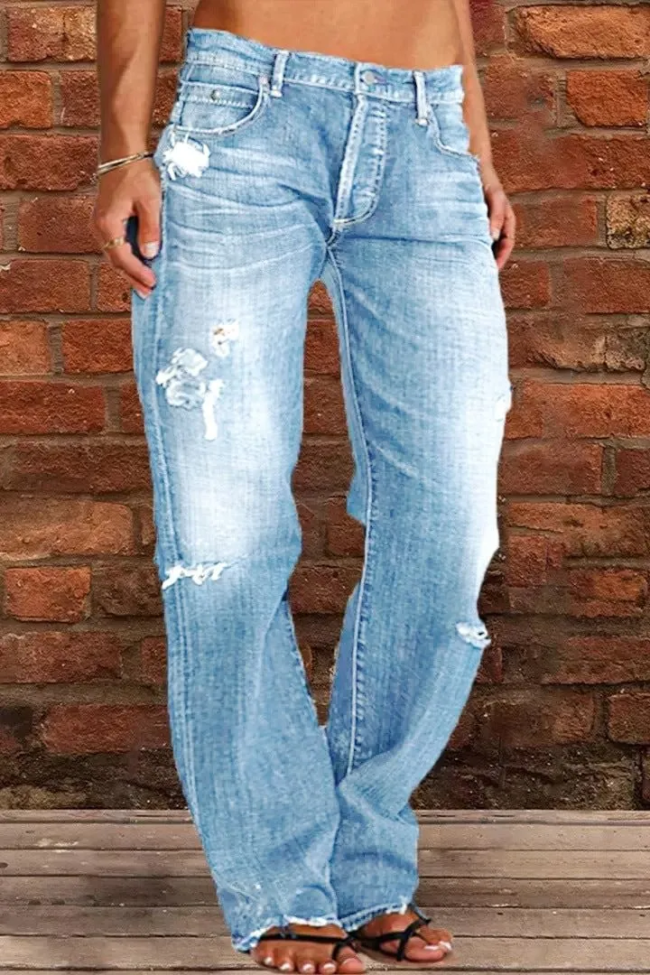 Women's Stright Jeans Western Cowboy Cowgirl Jean Loose Plain Casual Denim Jeans