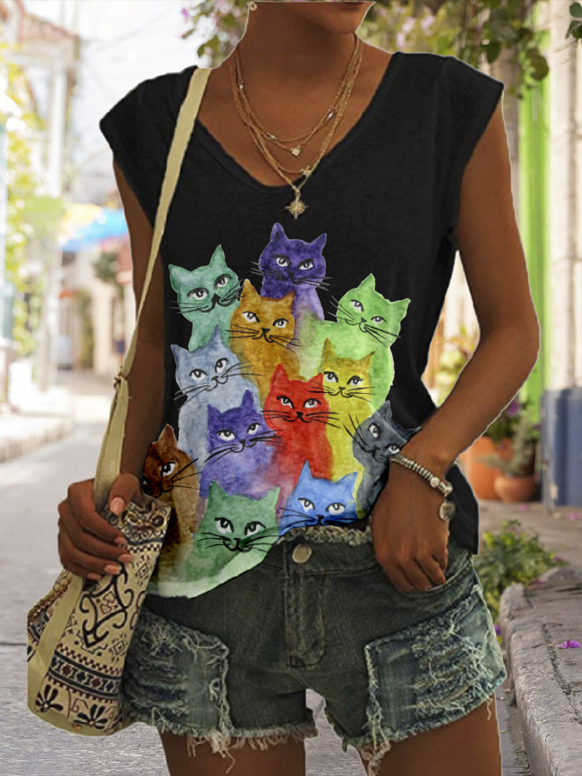 Women's Cute Cats Painting For Cat Lover  Cap Sleeve T-Shirt