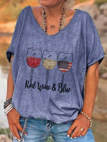 Women's Red Wine Blue Red Wine Glass Flag Print V-Neck T-Shirt