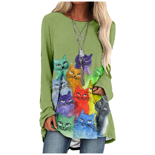 Women's  Cute Cats Print For Cat Lover Casual Long Sleeve Tunic Catty T-Shirt