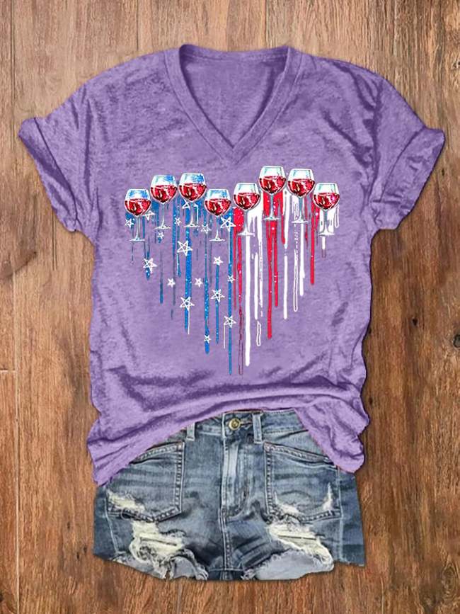Women's 4th Of July Red Wine Glass America Flag Love Heart Casual V-Neck Tee
