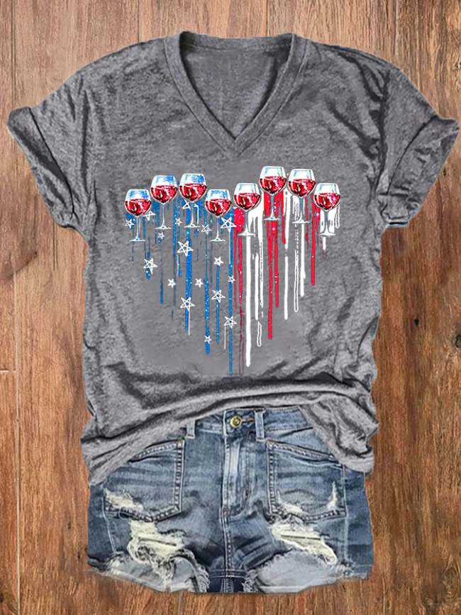 Women's 4th Of July Red Wine Glass America Flag Love Heart Casual V-Neck Tee