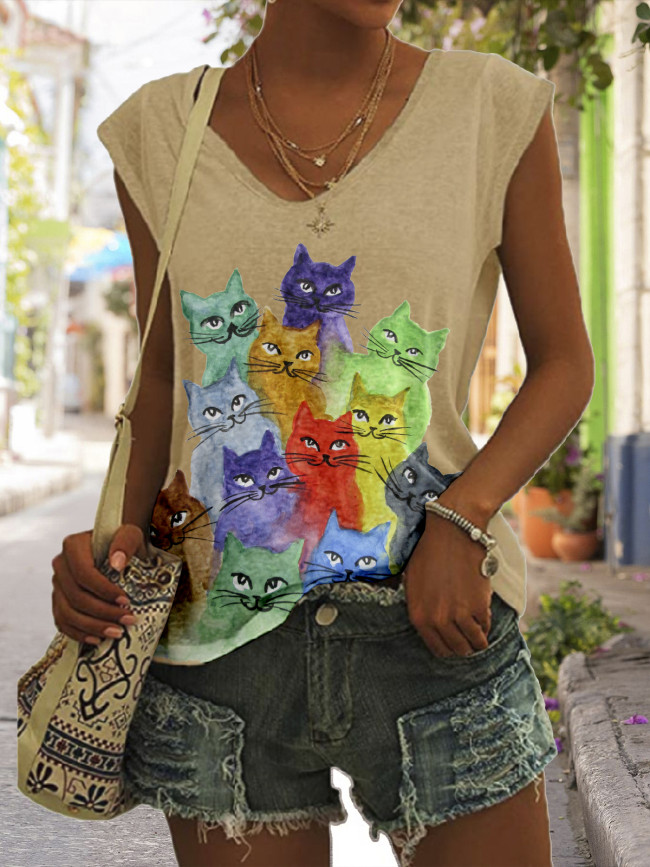 Women's Cute Cats Painting For Cat Lover  Cap Sleeve T-Shirt