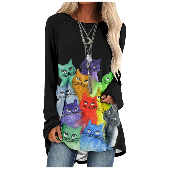 Women's  Cute Cats Print For Cat Lover Casual Long Sleeve Tunic Catty T-Shirt