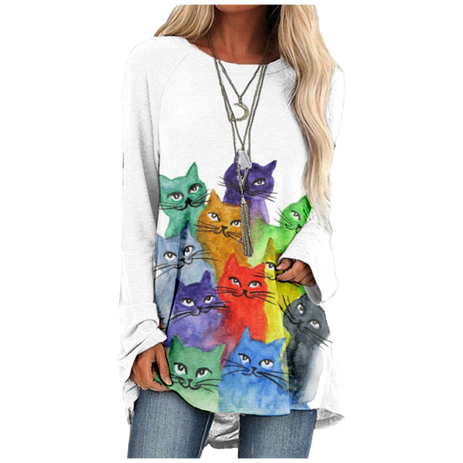 Women's  Cute Cats Print For Cat Lover Casual Long Sleeve Tunic Catty T-Shirt