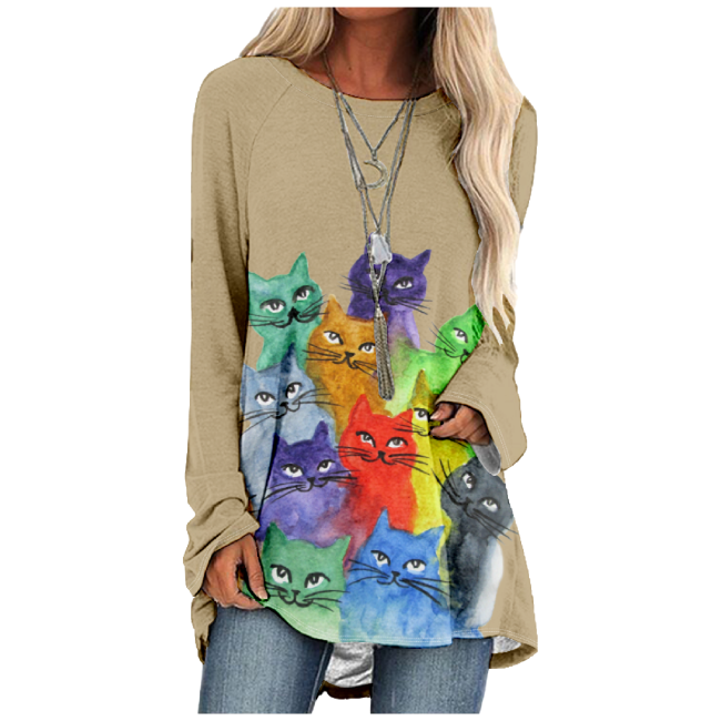 Women's  Cute Cats Print For Cat Lover Casual Long Sleeve Tunic Catty T-Shirt