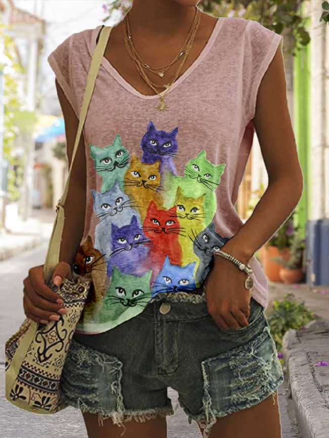 Women's Cute Cats Painting For Cat Lover  Cap Sleeve T-Shirt