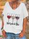 Women's Red Wine Blue Red Wine Glass Flag Print V-Neck T-Shirt
