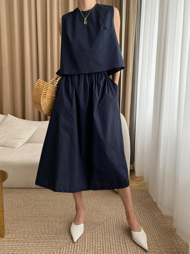 Women's 2Piece Set Minimalism Style 100% Cotton Round Neck Vest and Umbrella Skirt Two-Piece Set