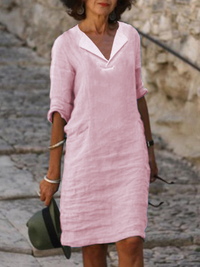 Women's Cotton Linen Dresses V-Neck Short Sleeve Casual Cotton Linen Dress