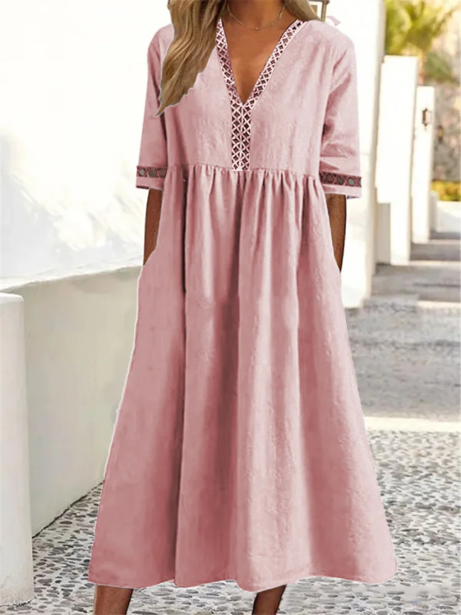 Women's Cotton Linen Dresses Lace V-Neck Mid Sleeve Casual Cotton Linen Dress