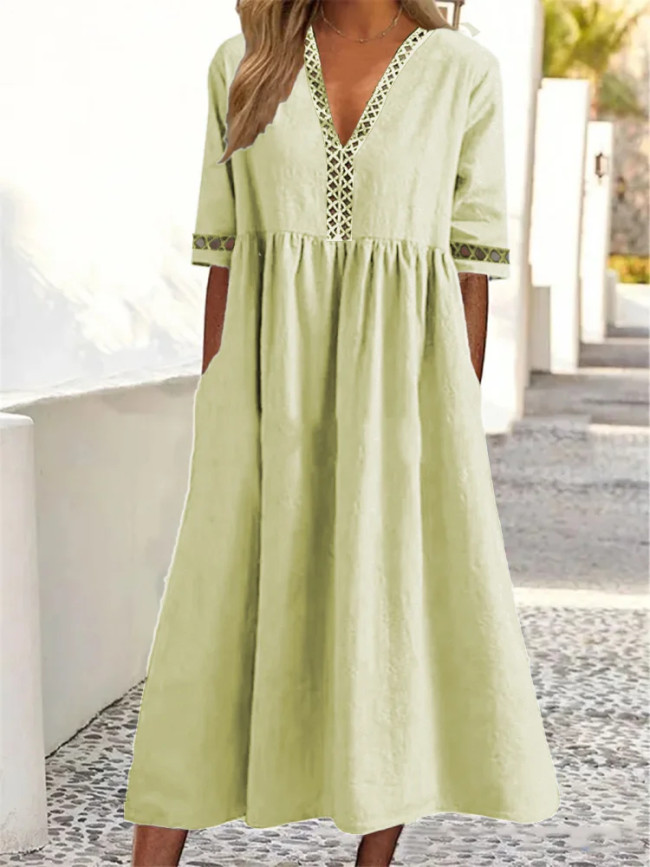Women's Cotton Linen Dresses Lace V-Neck Mid Sleeve Casual Cotton Linen Dress