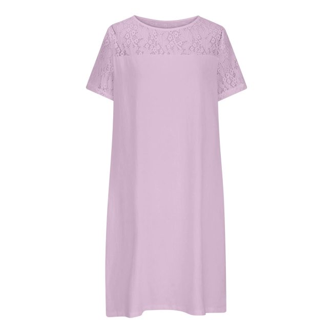 Women's Cotton Linen Dresses Lace Crew-Neck Short Sleeve Casual Cotton Linen Dress
