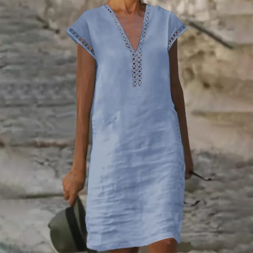 Women's Cotton Linen Dress Lace V-Neck Solid Color A Line Midi Dress