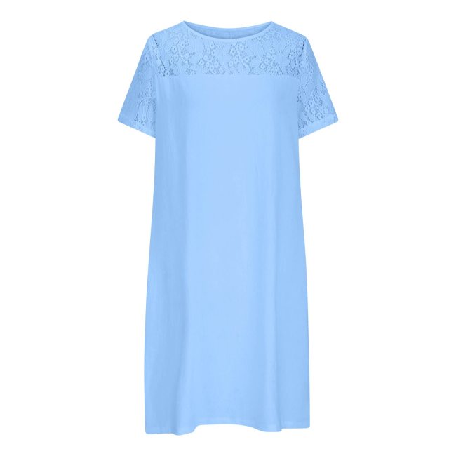 Women's Cotton Linen Dresses Lace Crew-Neck Short Sleeve Casual Cotton Linen Dress