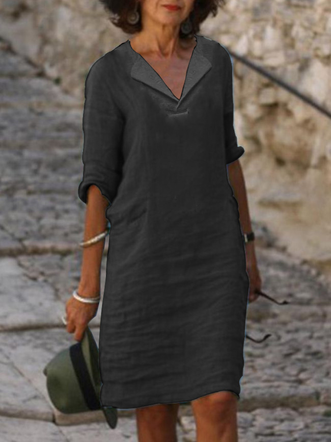 Women's Cotton Linen Dresses V-Neck Short Sleeve Casual Cotton Linen Dress