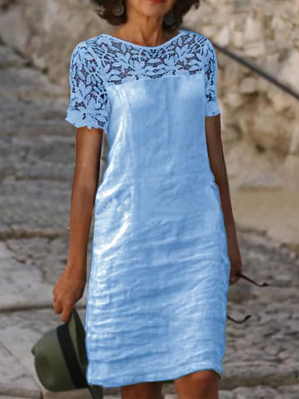 Women's Cotton Linen Dresses Lace Crew-Neck Short Sleeve Casual Cotton Linen Dress