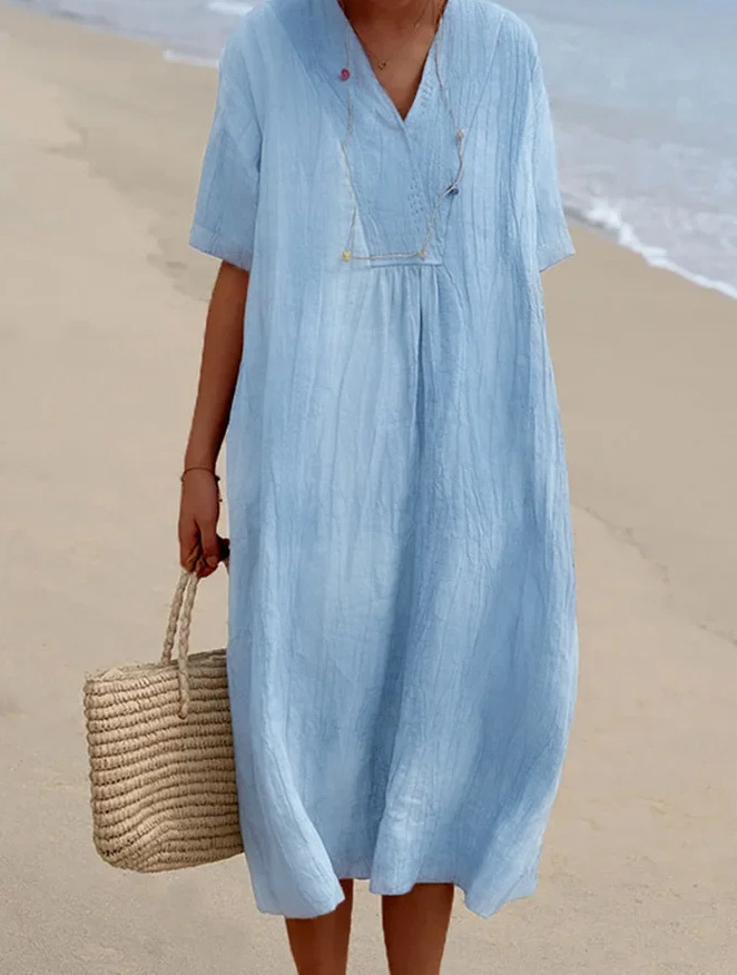 US$ 29.99 - Women's Summer Dress Cotton Linen V-Neck Loose Midi Dress ...