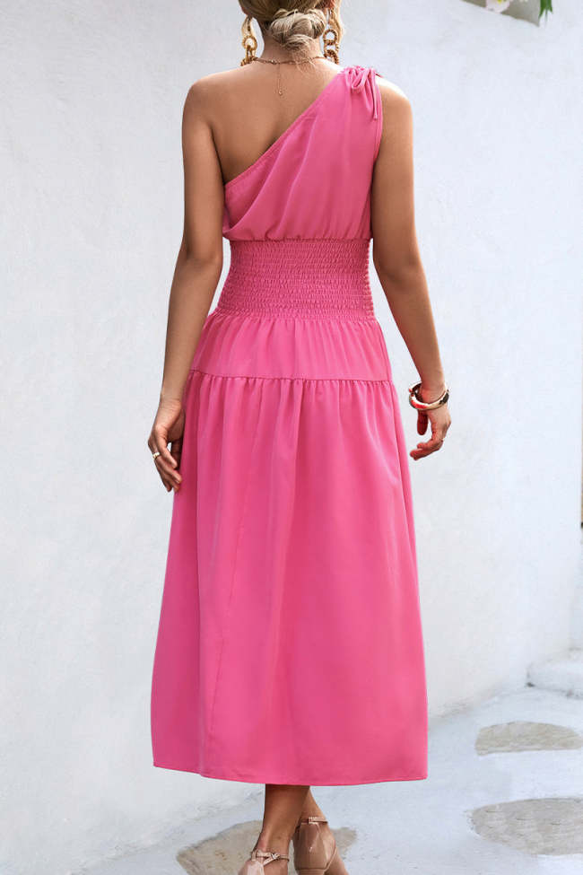 Casual Simplicity Solid Frenulum Oblique Collar Waist Skirt Dresses