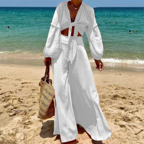 Women's 2Piece Set Holiday Beach Outfits 2 Piece Puff Sleeve Top and Wide Leg Pants