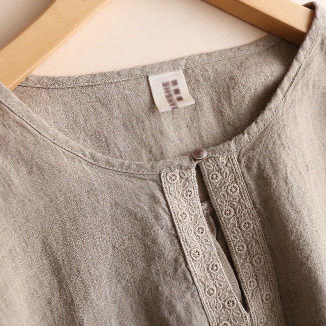 Women's Linen Blouse Solid Color Embroidery V-Neck Retro Vintage Blouse Shirts