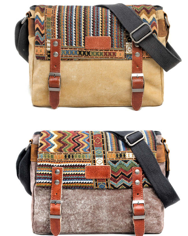 Tribal Retro Waxed Canvas Leather Mens Womens Ethnic Shoulder Bag 13'' Side Bag Messenger Bag