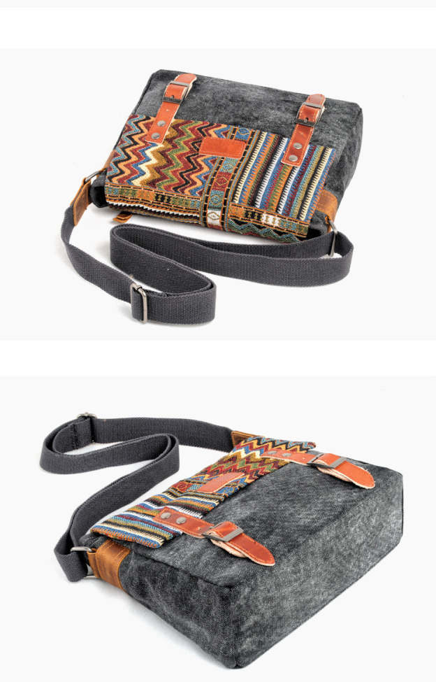 Tribal Retro Waxed Canvas Leather Mens Womens Ethnic Shoulder Bag 13'' Side Bag Messenger Bag