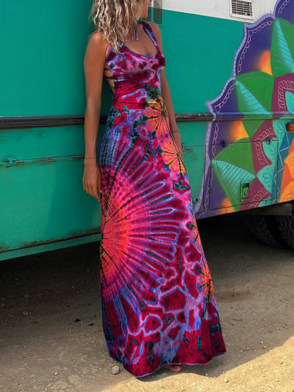 Women's Summer Dress Tie Dye Abstract Print Lace Backless Long Maxi Dress