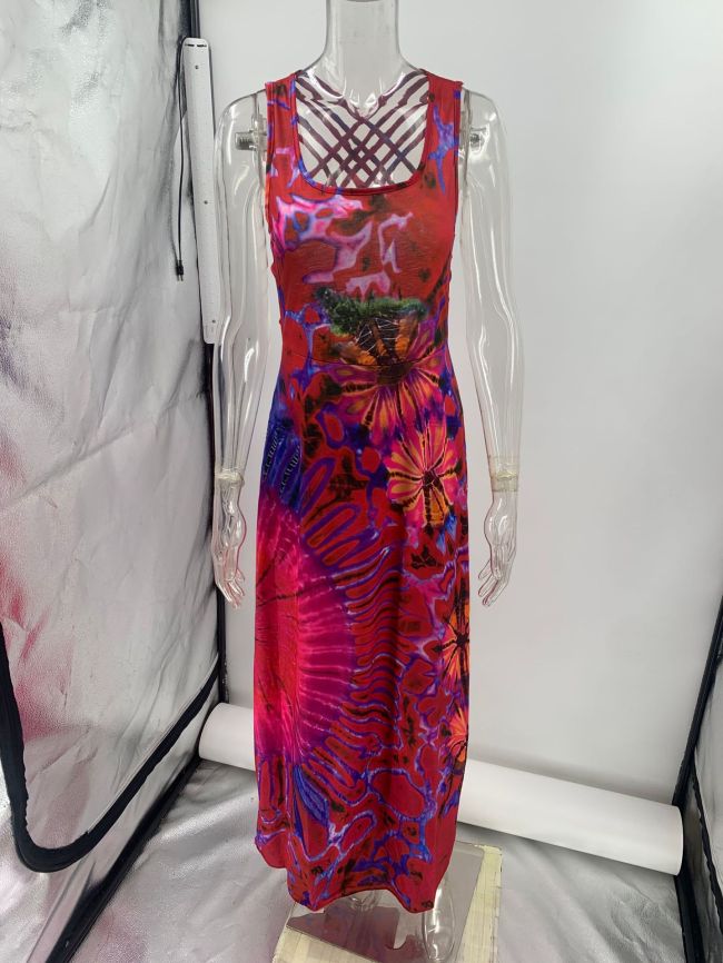Women's Summer Dress Tie Dye Abstract Print Lace Backless Long Maxi Dress