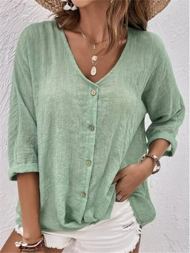 Women's Casual Shirts Loose V-Neck Long Sleeve Single-Breasted Blouse