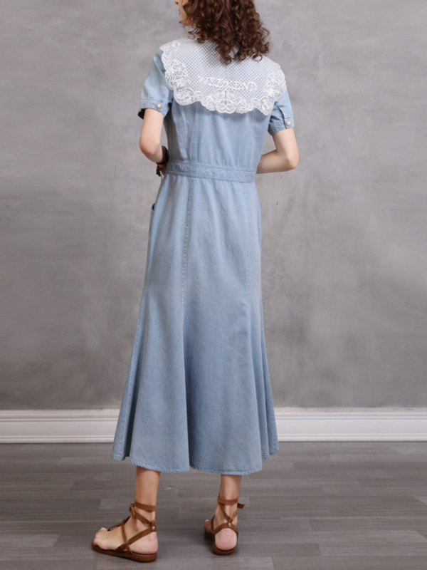 Women's Denim Dress Vintage Lace V-Neck Flare Hem Denim Midi Dress