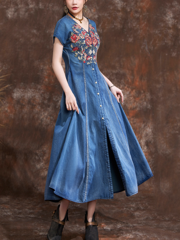 Women's Denim Dress High End Tribal Embroidery Floral V-Neck Western Style Cowgirl Dress