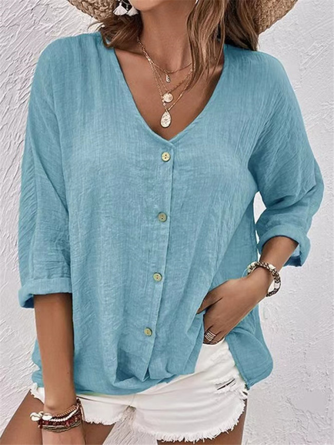 Women's Casual Shirts Loose V-Neck Long Sleeve Single-Breasted Blouse