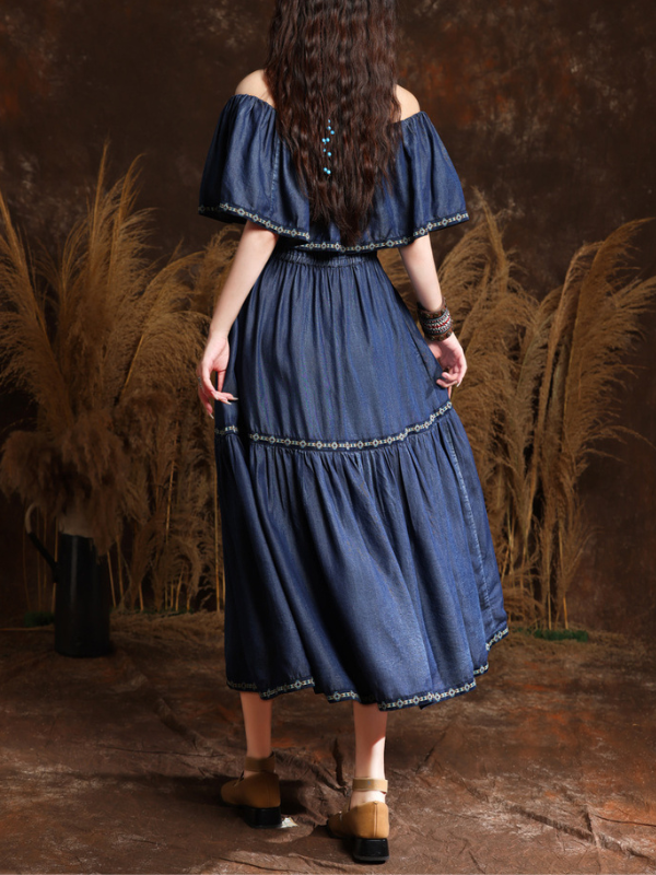 Women's Denim Dress High End Tribal Embroidery Floral off Sholder Western Style Cowgirl Dress